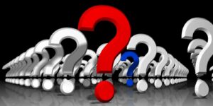 Red, white, and blue question marks.