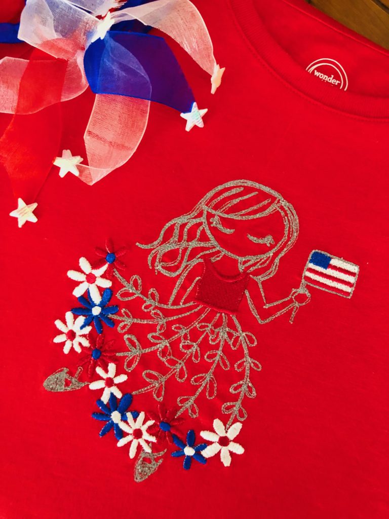 July 4 machine embroidery girl on T-shirt