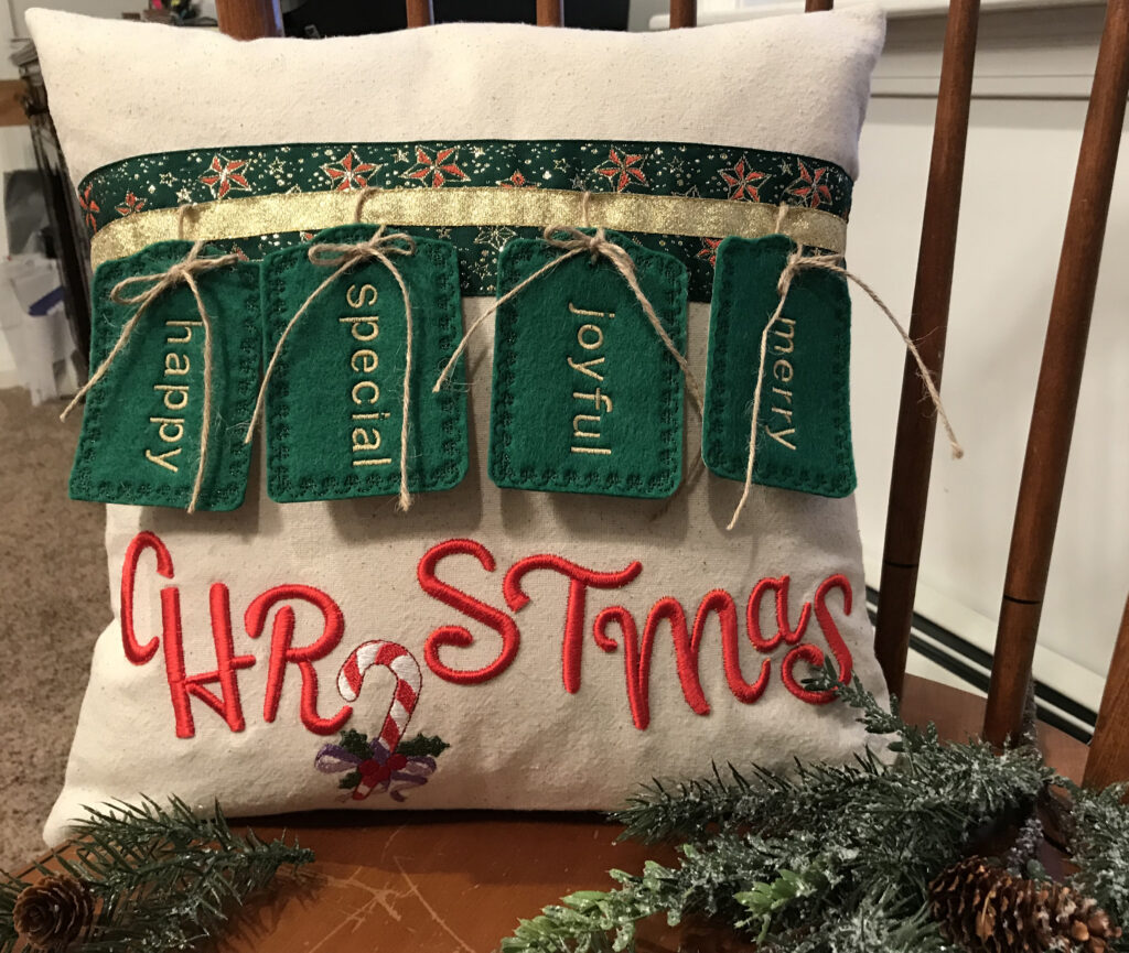 embroidered christmas pillow