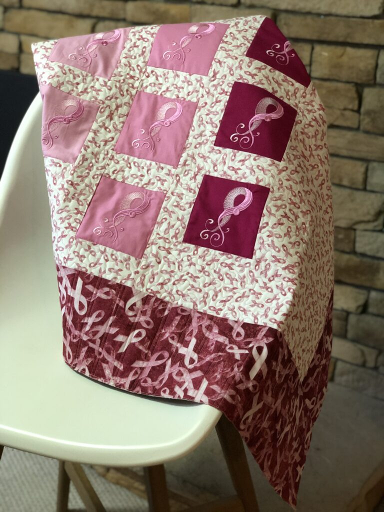 breast cancer quilt on chair
