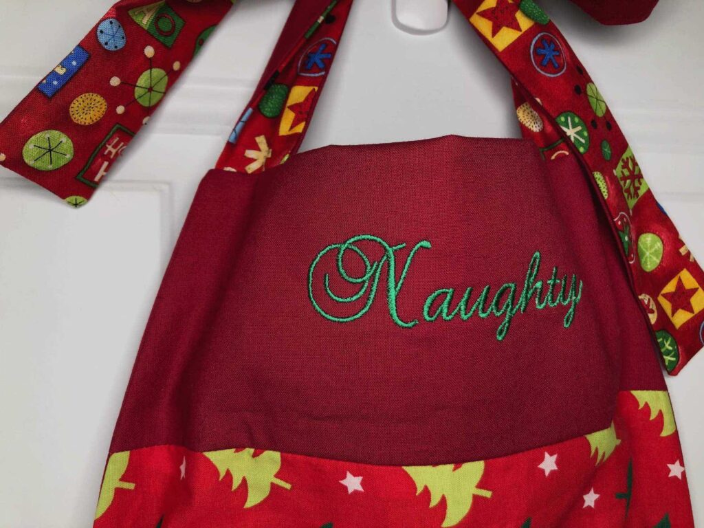 holiday apron embroidery detail