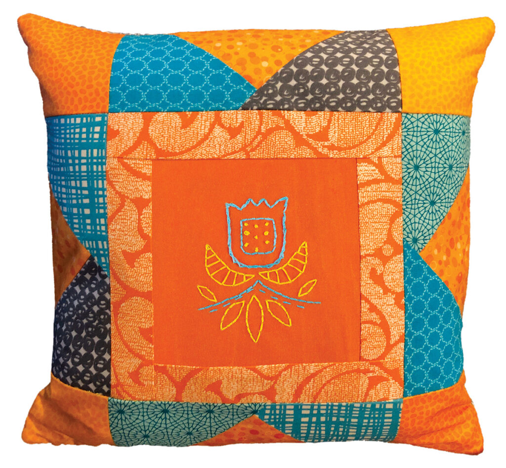 Quilt Block Pillow with Hand Embroidered Center Block - Sulky