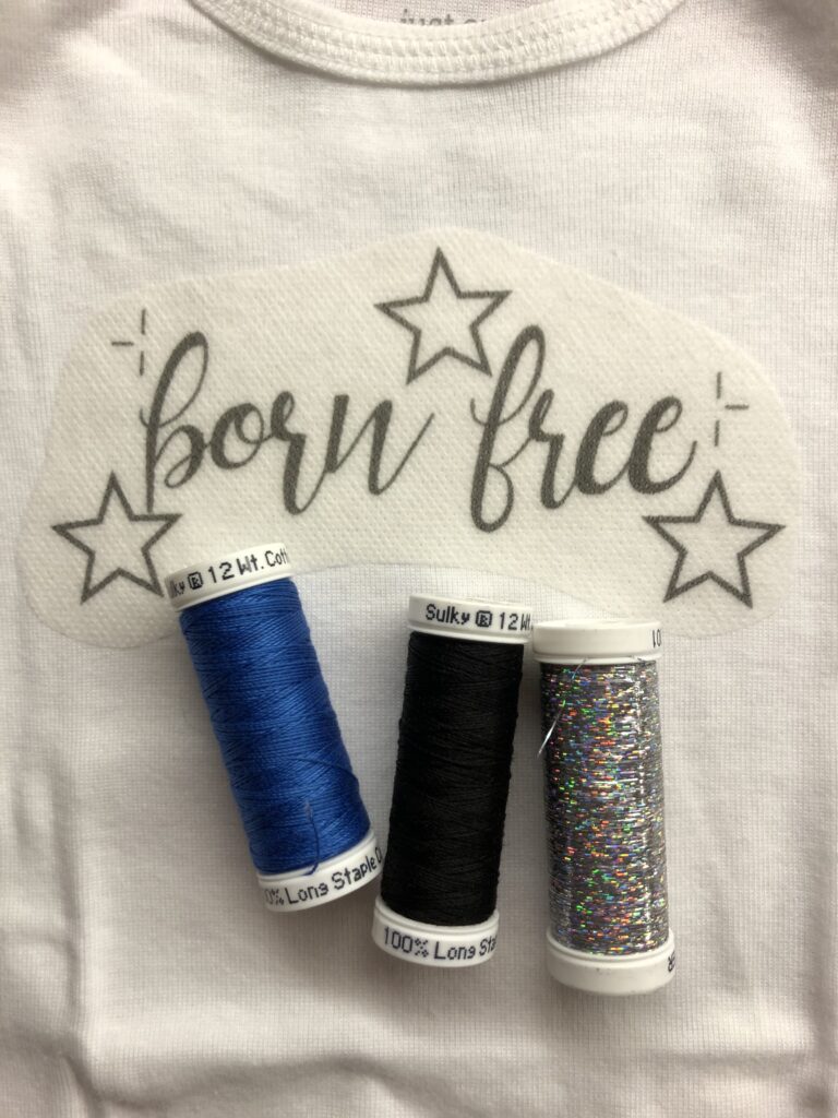 embroidered onesie with thread spools