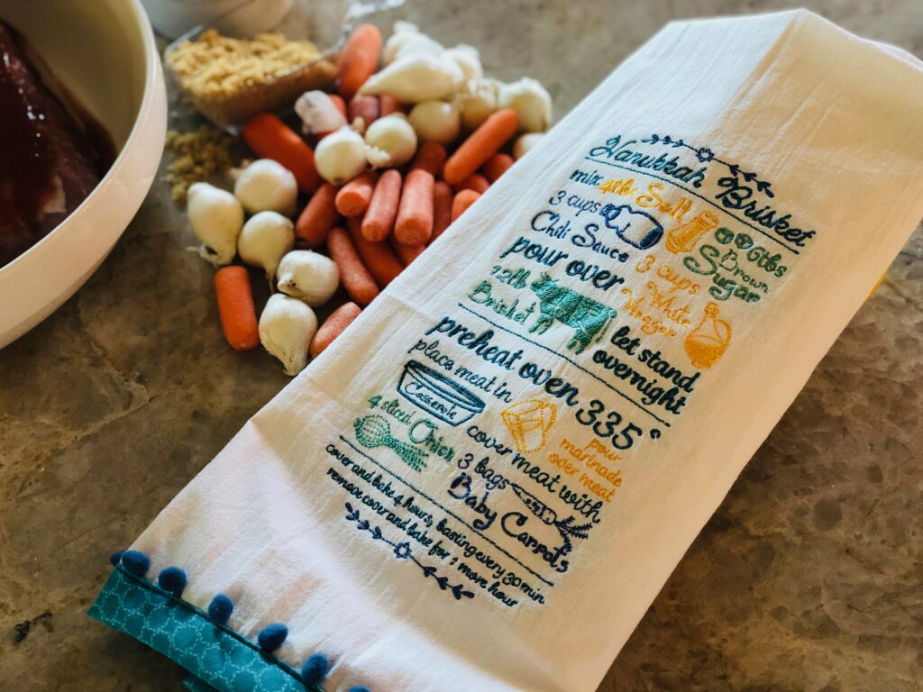 finished Hanukkah Tea Towel with bricket