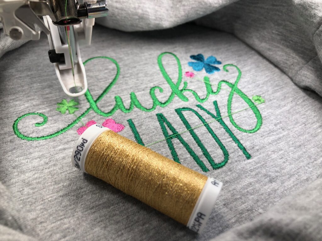 poly sparkle on T-shirt with finished embroidery