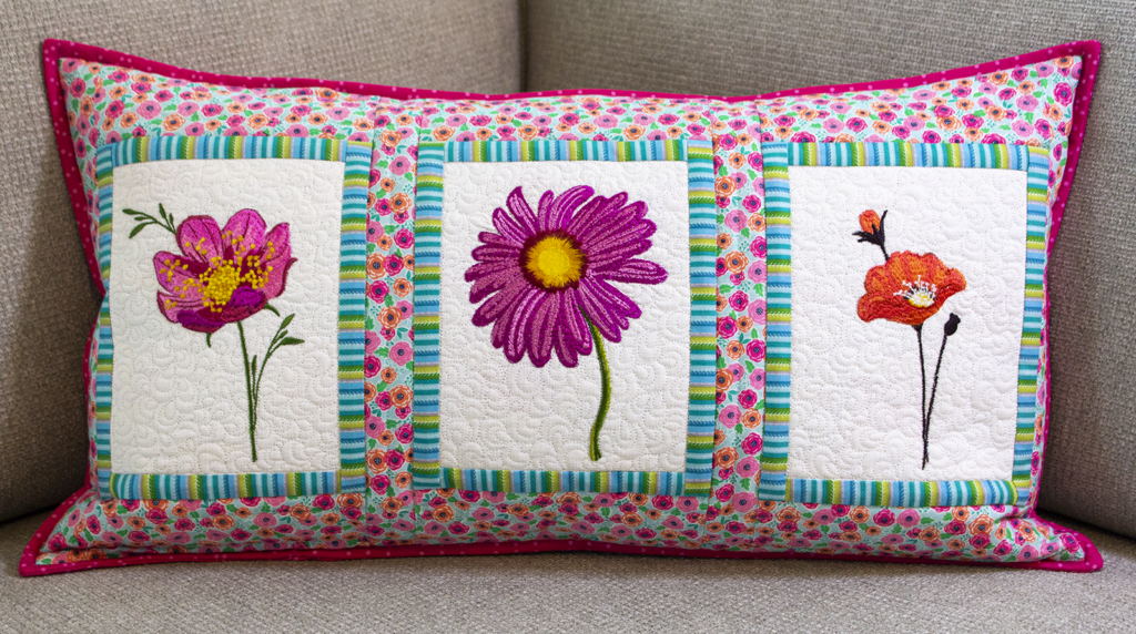 quilted flower pillow on couch