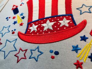 Close-up of a patriotic red, white, and blue hat with stars and stripes.