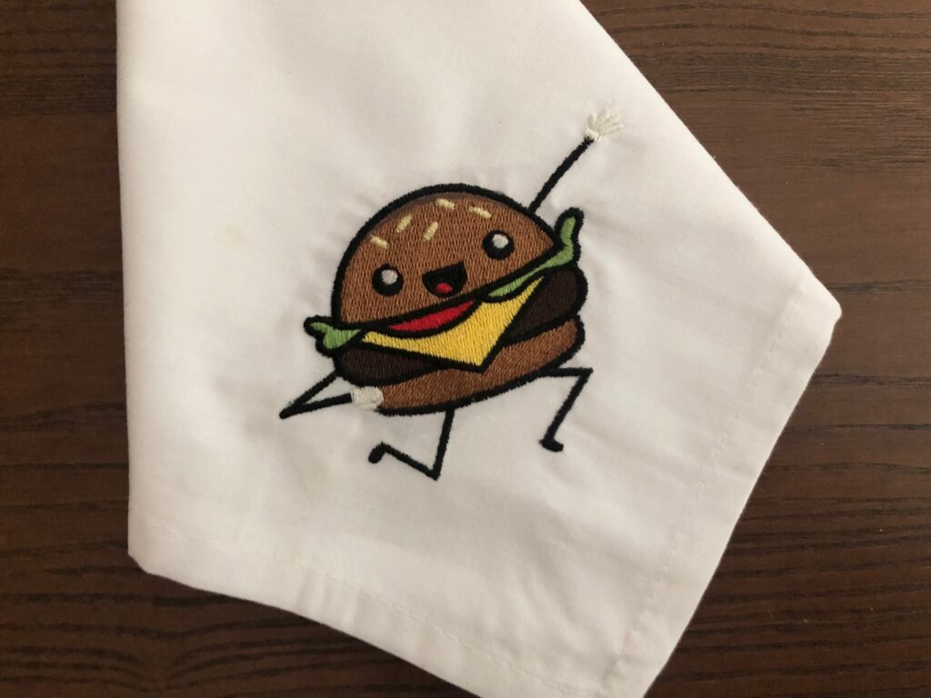 embroidered napkins with hamburger design