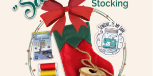 Sewing-themed Christmas stocking with supplies.