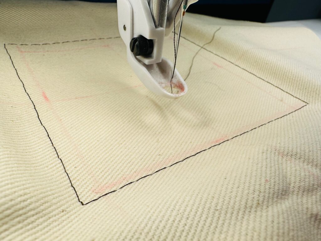 basting box on drawstring bag fabric