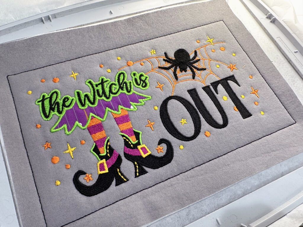 the Witch is Out stitchout completed in the hoop