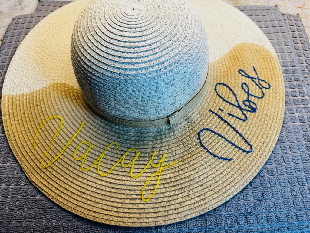 lettering on wet hat after washing away Stick n Stitch Stabilizer