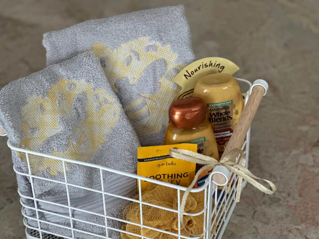 Embossed Embroidered Towel Set in white basket as gift