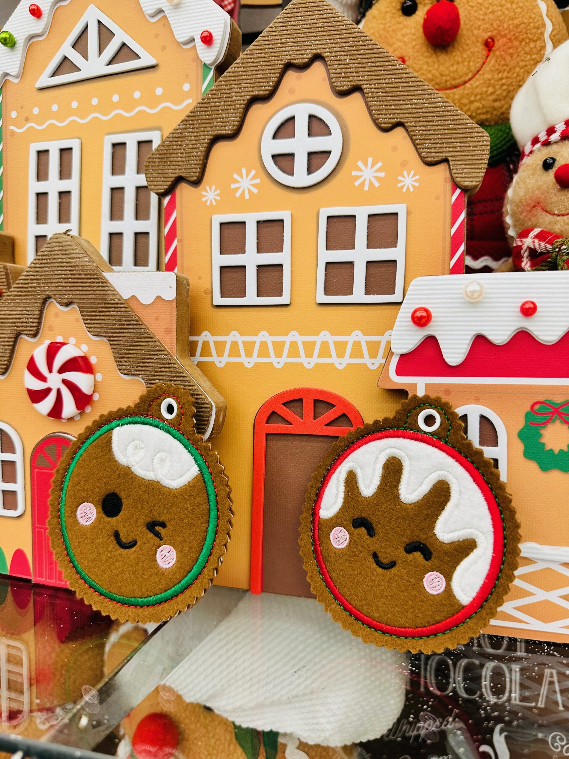 gingerbread ornaments on a shelf