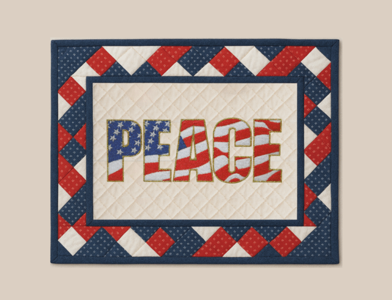 "Patriotic Peace Embroidery Design” is a Free Patriotic Quilted Coaster or Mug Rug Pattern designed by & from Sulky!