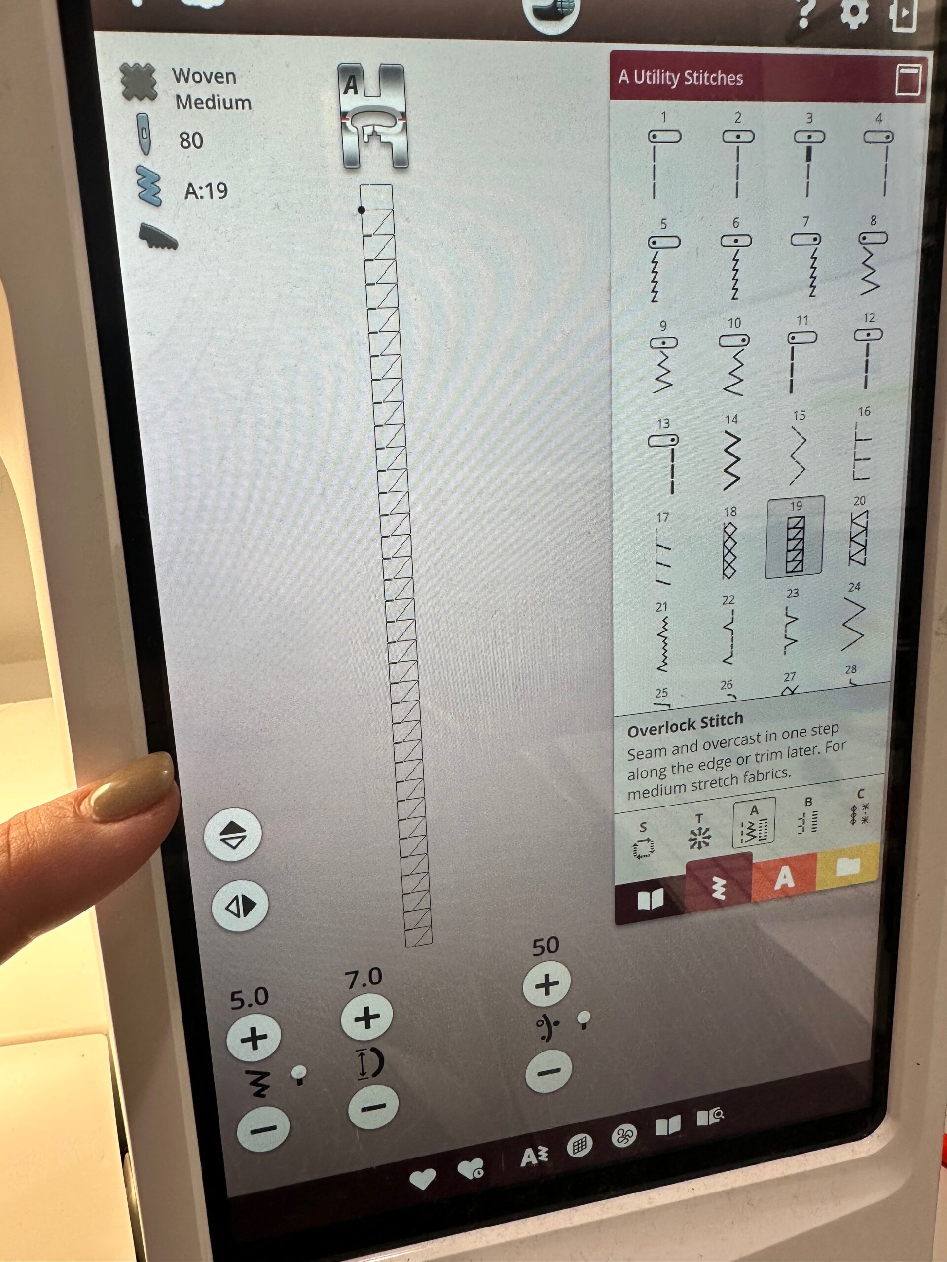 overlock stitch on sewing machine screen menu
