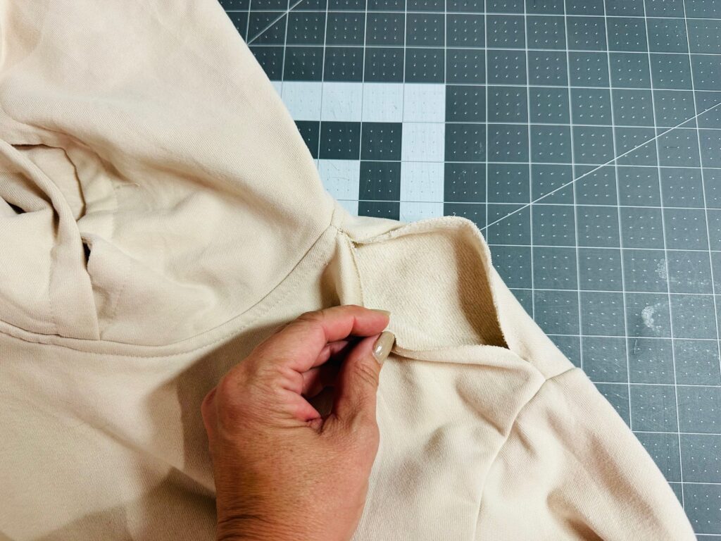 shoulder seam removed from sweatshirt
