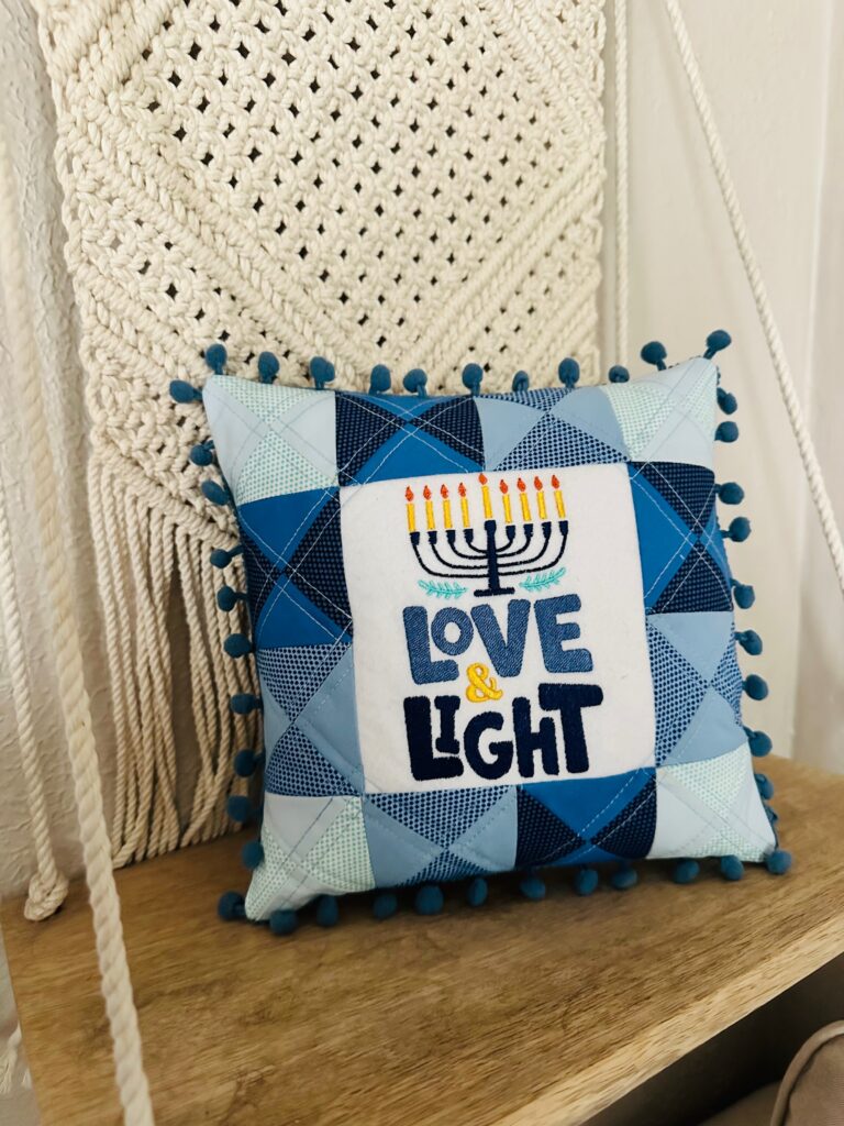 Hanukkah shelf pillow finished on shelf