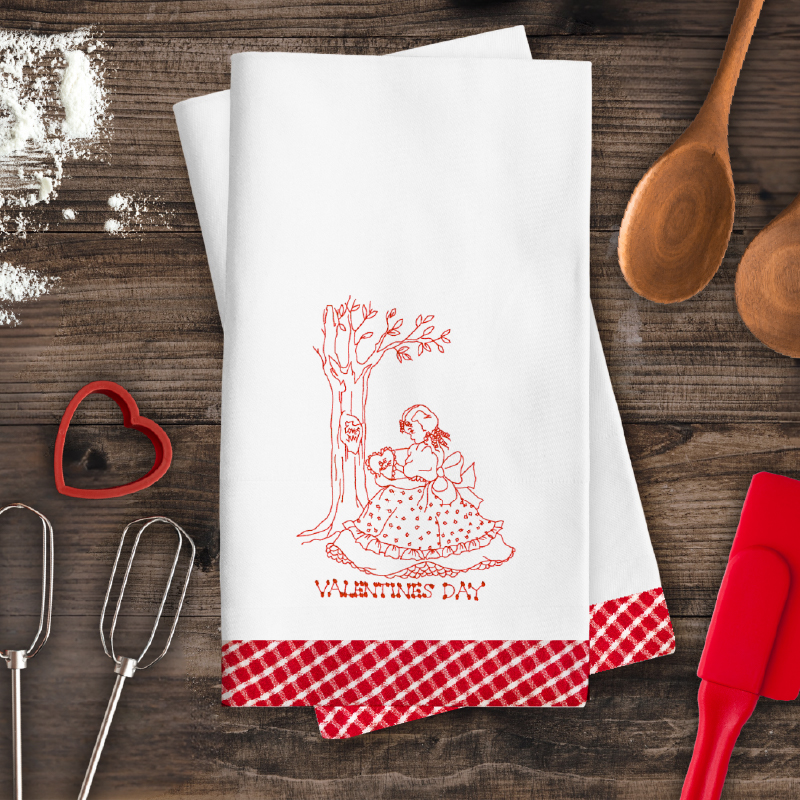 Happy Valentine's Day Redwork on tea towel