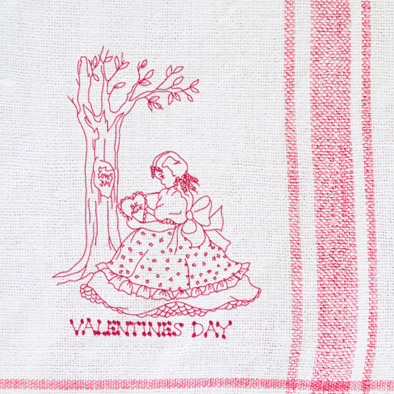 Valentine's Day Redwork Design on tea towel
