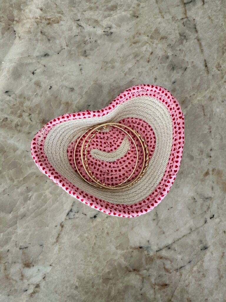 heart shaped rope basket mini trinket tray with bracelets inside