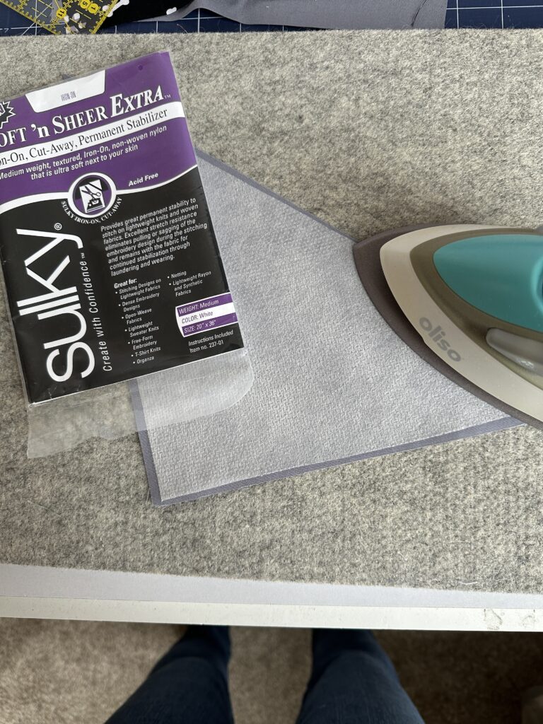 fusing Sulky Soft n Sheer Extra to fabric for embroidery
