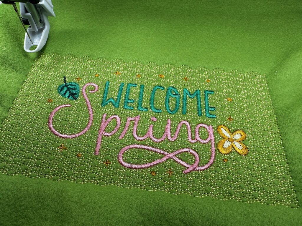 Welcome Sign embroidery completed