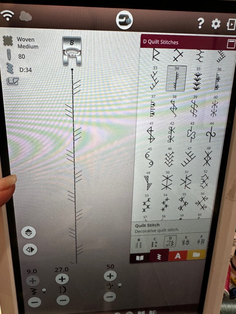 quilting stitch menu on machine screen