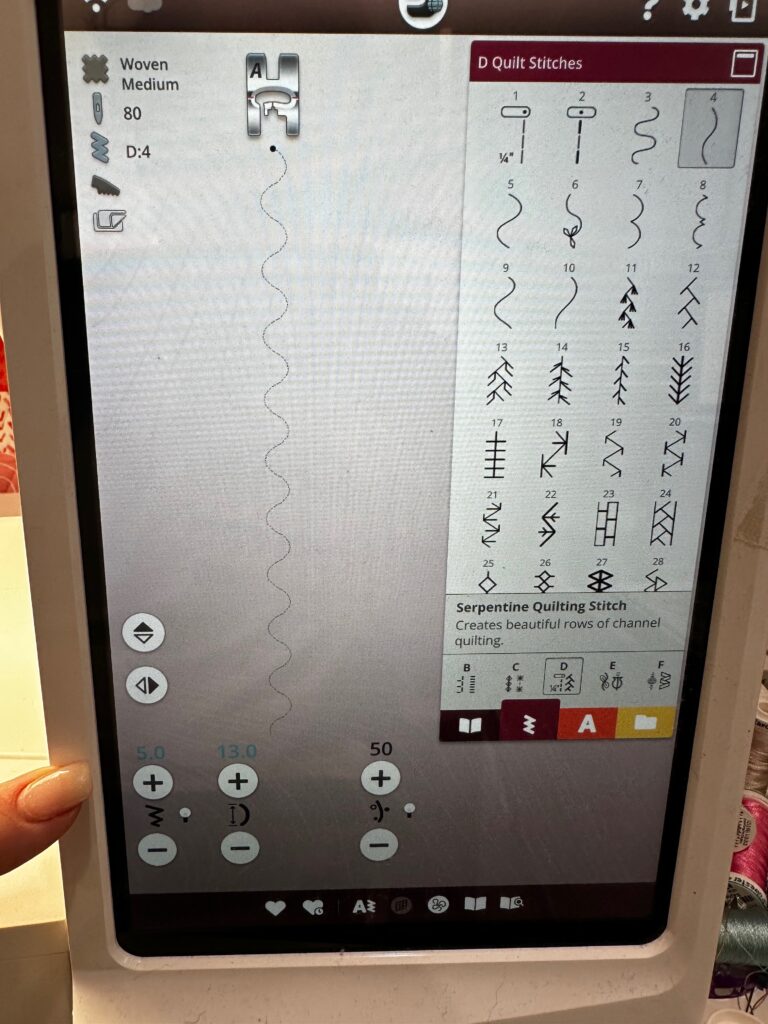 choosing quilting stitch on screen for eg snack mat