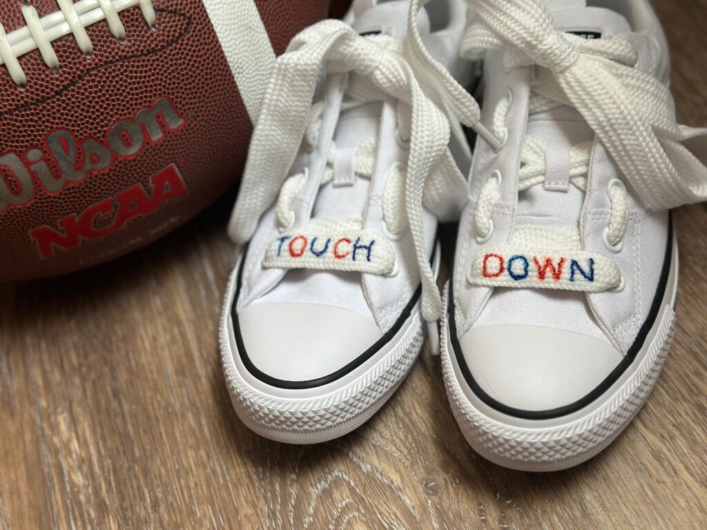 finished embroidered shoelaces with Touch Down