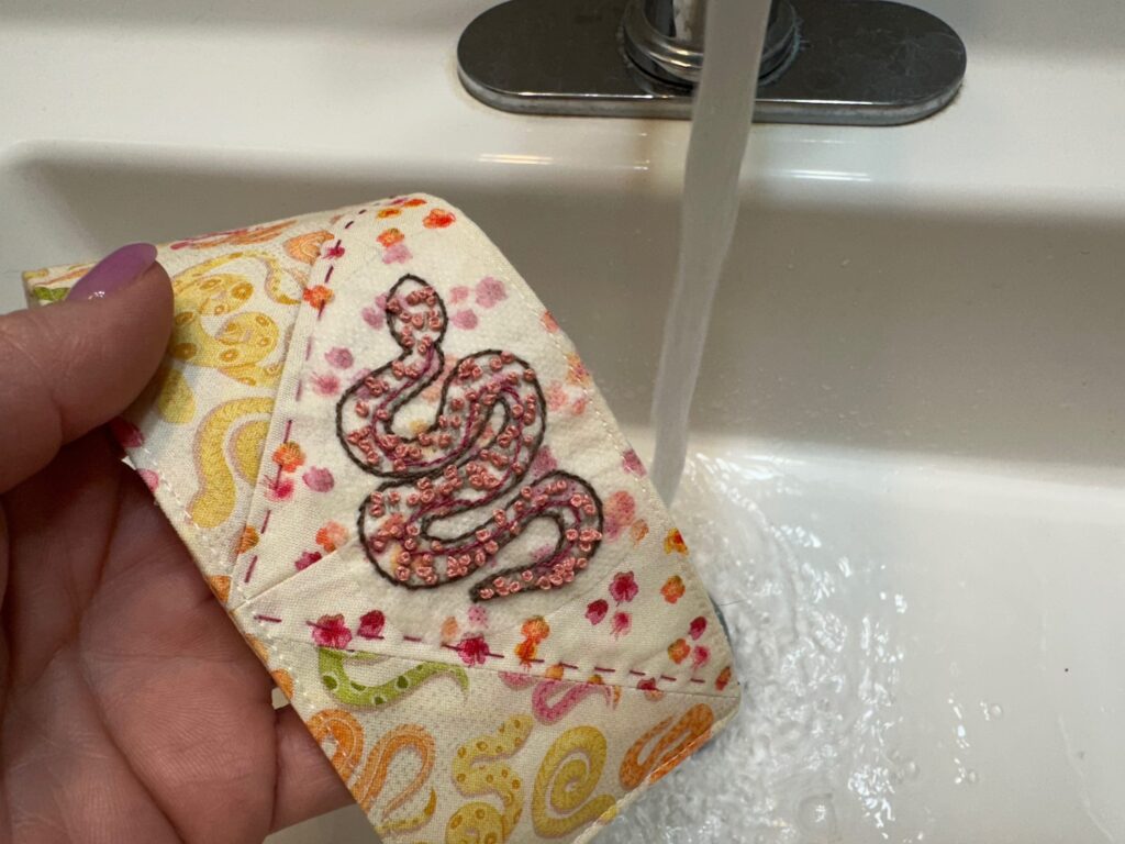 getting ready to rinse away Stick 'n Stitch Transfer from quilty bookmark