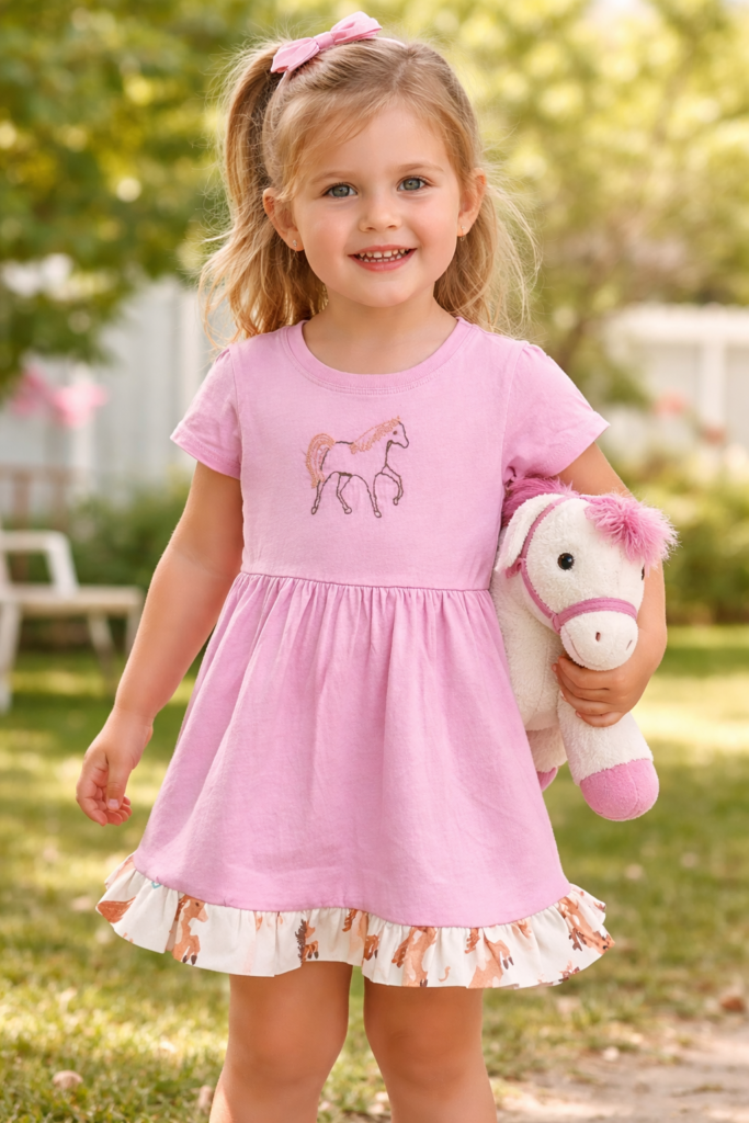 Cactus Rose Rodeo Pink Horse Design on Knit Ruffle Dress