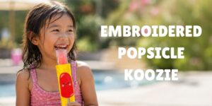 embroidered popsicle koozie with model