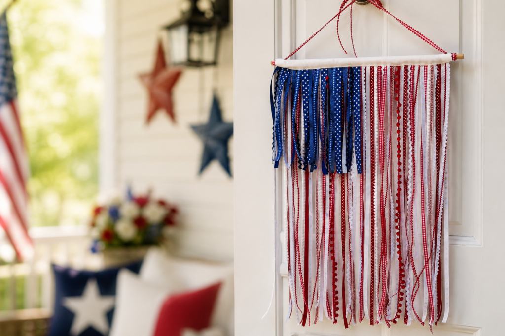 ribbon flag on white door on patriotic-themed door step