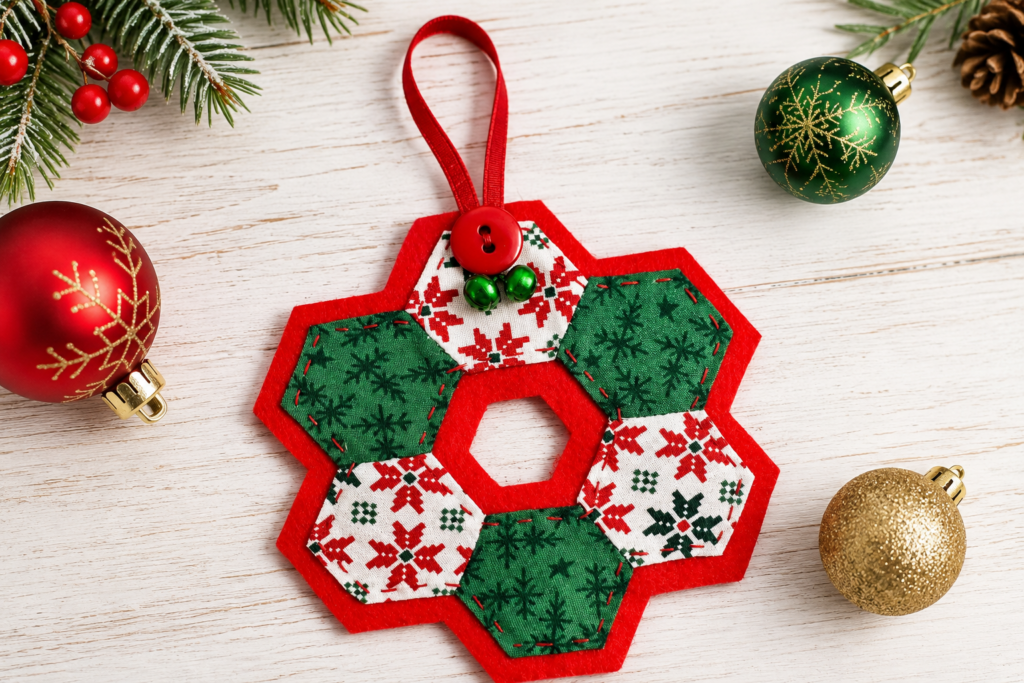 EPP Hexi Ornament on table with Christmas Baubles