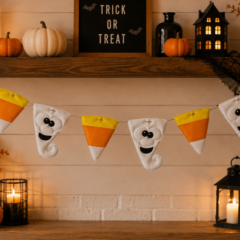 ITH Halloween Banner with Ghost and Candy Corn Pennants