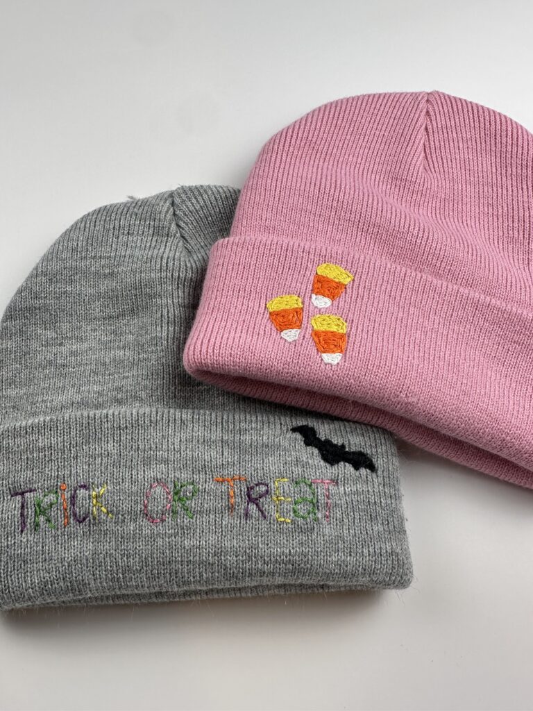 spooky and sweet designs on beanies