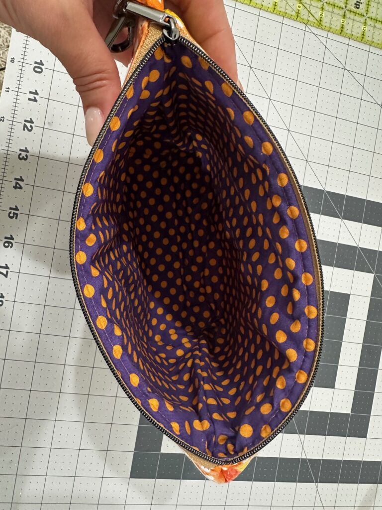 pushing lining into exterior candy bag zip pouch