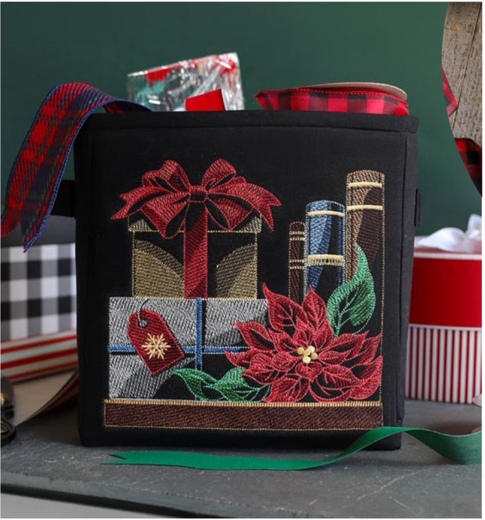 fabric basket for Christmas Bookshelf Scene
