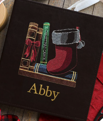 personalized journal cover from Build a Christmas Bookshelf scene